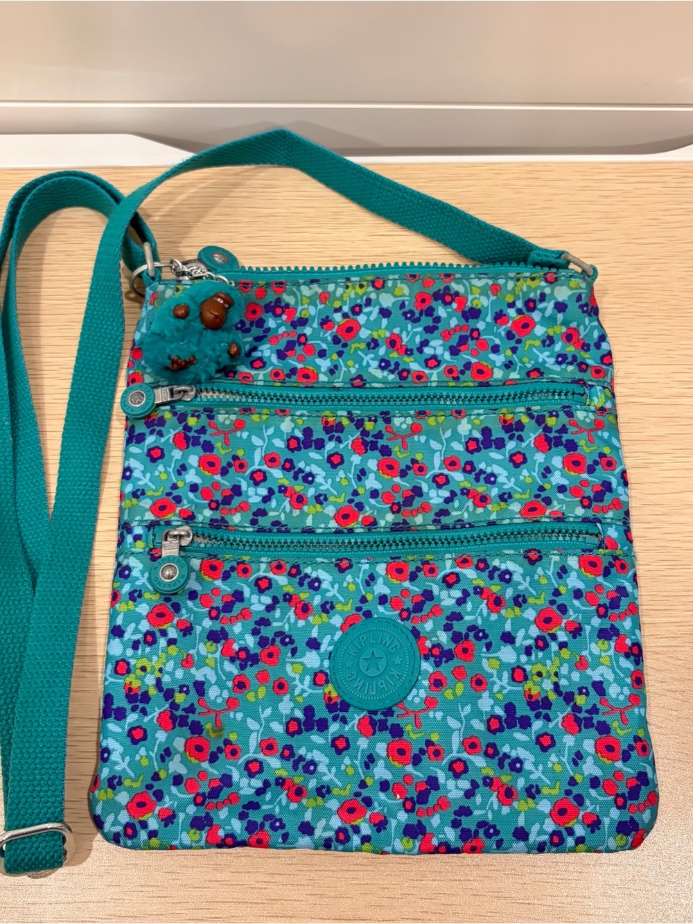 Kipling Teal Floral Multi-Zip Crossbody Bag